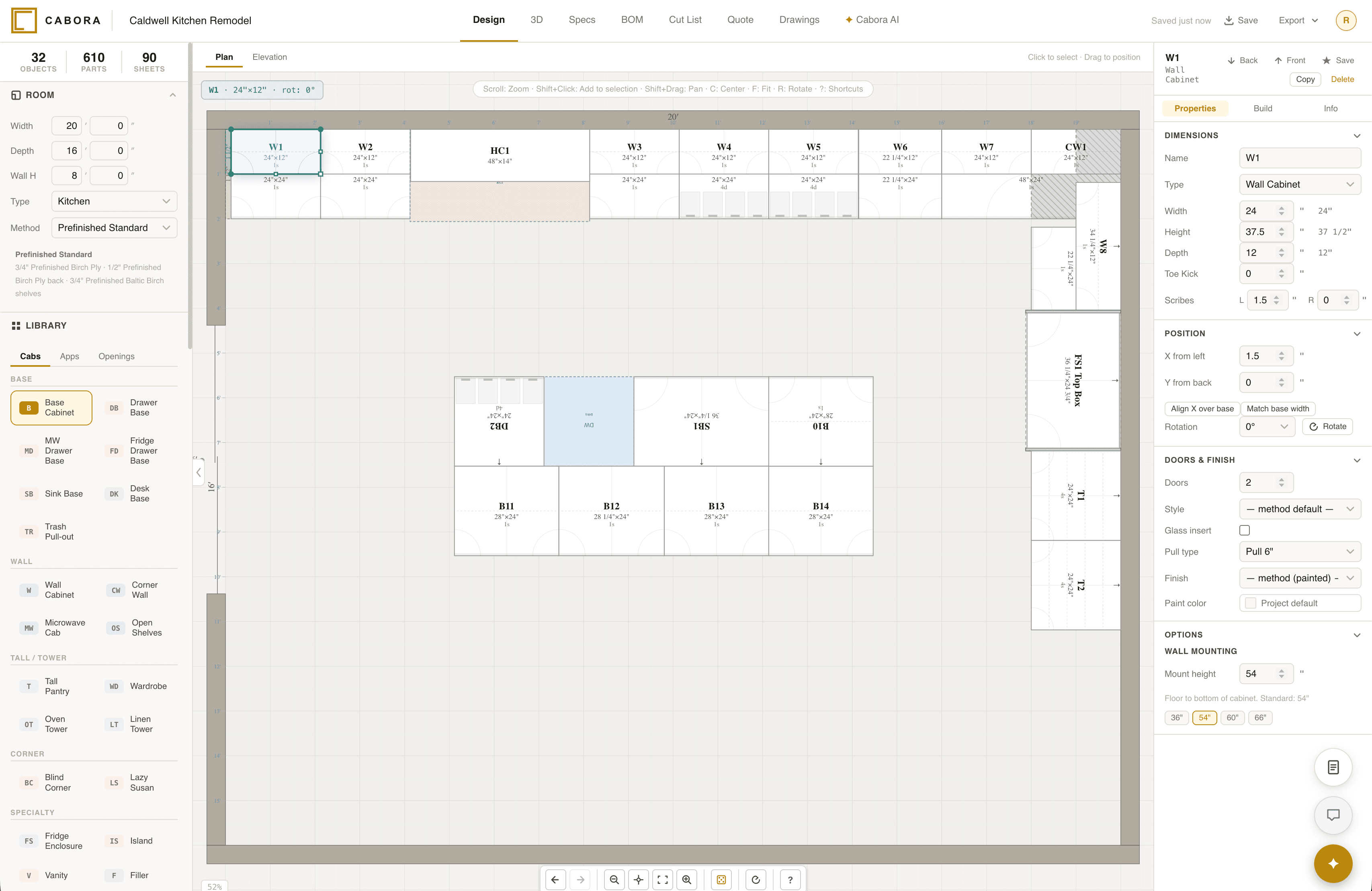 Cabora cabinet design editor with 3D layout, cut list, and AI copilot